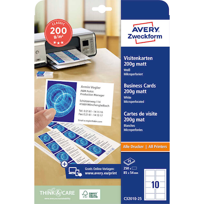Artikelbild 3 für AVERY Zweckform Visitenkarten C32010-25 matt weiß 200 g/qm, 250 St., Artikelnummer 607402