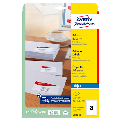 Artikelbild 2 für AVERY Zweckform Adressetiketten J8160-25 weiß 63,5 x 38,1 mm, 25 Blatt, Artikelnummer 479436
