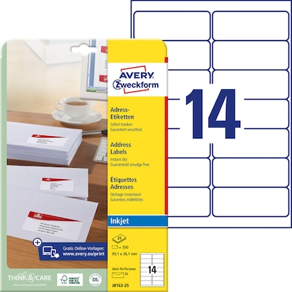 Artikelbild für AVERY Zweckform Adressetiketten J8163-25 weiß 99,1 x 38,1 mm, 25 Blatt, Artikelnummer 479451