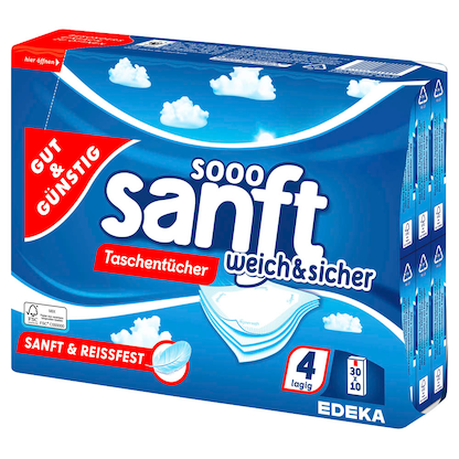 Artikelbild für GUT&GÜNSTIG Taschentücher sanft weich & sicher 4-lagig weiß, 30x 10 Tücher, Artikelnummer 991354