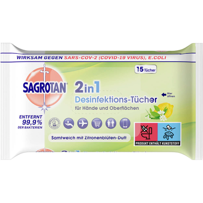 Artikelbild für SAGROTAN® Desinfektionstücher 2in1 1-lagig weiß, 15 Tücher, Artikelnummer 295653