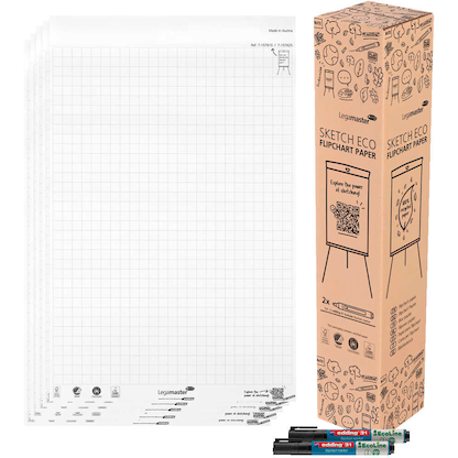 Artikelbild für AKTION: Legamaster Flipchart-Papier SKETCH ECO kariert 65,0 x 98,0 cm, 20 Blatt, 5 Blöcke + GRATIS 2x edding 31 EcoLine Flipchartmarker, Artikelnummer 475729