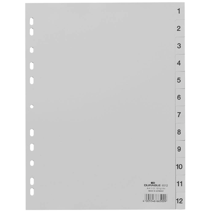 Artikelbild für DURABLE Ordnerregister DIN A4 Vollformat 1-12 grau 12-teilig, 1 Satz, Artikelnummer 456533