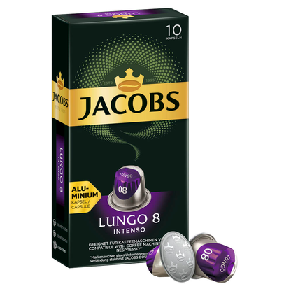Artikelbild für JACOBS LUNGO INTENSO Kaffeekapseln, Arabica- und Robustabohnen kräftig, 10 Stück, Artikelnummer 340947