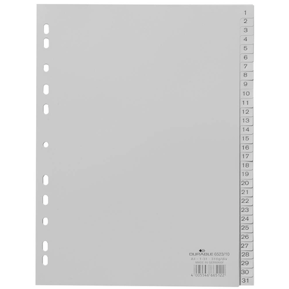 Artikelbild für DURABLE Ordnerregister DIN A4 Vollformat 1-31 grau 31-teilig, 1 Satz, Artikelnummer 456558