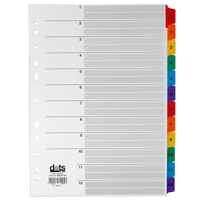 Artikelbild für dots Ordnerregister Mylar DIN A4 Vollformat 1-12 farbig 12-teilig, 1 Satz, Artikelnummer 486951