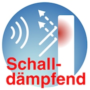 Piktogramm mit Schallwellen und rotem Punkt, Aufschrift „schalldämpfend“.
