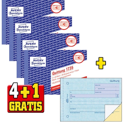 Artikelbild für 4 + 1 GRATIS: AVERY Zweckform Quittung, MwSt. separat ausgewiesen Formularbücher 1735-5, 4 St. + GRATIS 1 St., Artikelnummer 298281