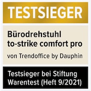Siegel „Testsieger“ von Stiftung Warentest, verliehen an den Bürodrehstuhl to-strike comfort pro, Hersteller Trendoﬃce, Test 9/2021.