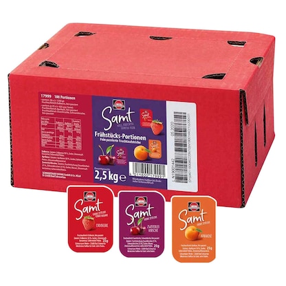Artikelbild für SCHWARTAU Samt Erdbeere, Aprikose, Sauerkirsche, Schwarzkirsche Konfitüre, 100 St., Artikelnummer 312056