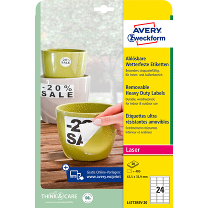 Artikelbild 2 für AVERY Zweckform wetterfeste Folienetiketten L4773REV-20 weiß 63,5 x 33,9 mm, 20 Blatt, Artikelnummer 446500