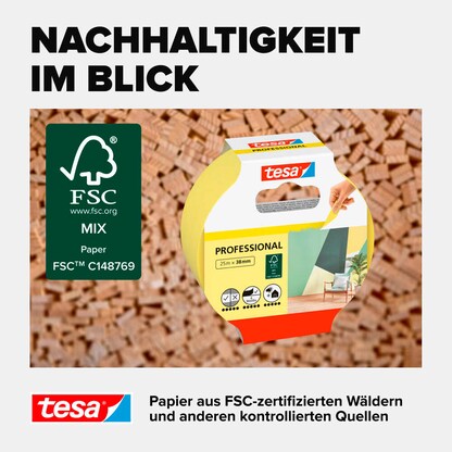 Artikelbild 7 für tesa PROFESSIONAL Malerband gelb 38,0 mm x 25,0 m 1 Rolle, Artikelnummer 723897