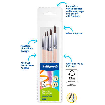 Artikelbild 2 für Pelikan Starter-Set Haarpinsel Größe 2, 6, 8, 10, 12, 5-teilig, Artikelnummer 574238