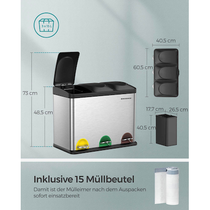 Artikelbild 8 für SONGMICS Mülltrenner 3x 15,0 l edelstahl, 1 St., Artikelnummer 262897