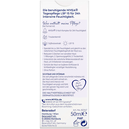 Artikelbild 2 für NIVEA 24h FEUCHTIGKEIT LFS 15 BERUHIGENDE Gesichtscreme 50,0 ml, Artikelnummer 578579