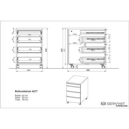 Artikelbild 12 für GERMANIA Mailand Rollcontainer weiß 4 Auszüge 42,0 x 60,0 x 63,0 cm, Artikelnummer 136428