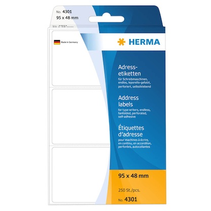 Artikelbild für HERMA Adressetiketten 4301 weiß 95,0 x 48,0 mm, 250 Etiketten , Artikelnummer 704452