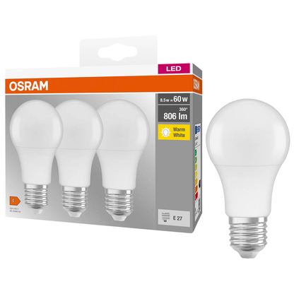 Artikelbild für OSRAM LED-Lampen Base CLASSIC A60 Multipack E27 8,5 W matt, 3 St., Artikelnummer 144236