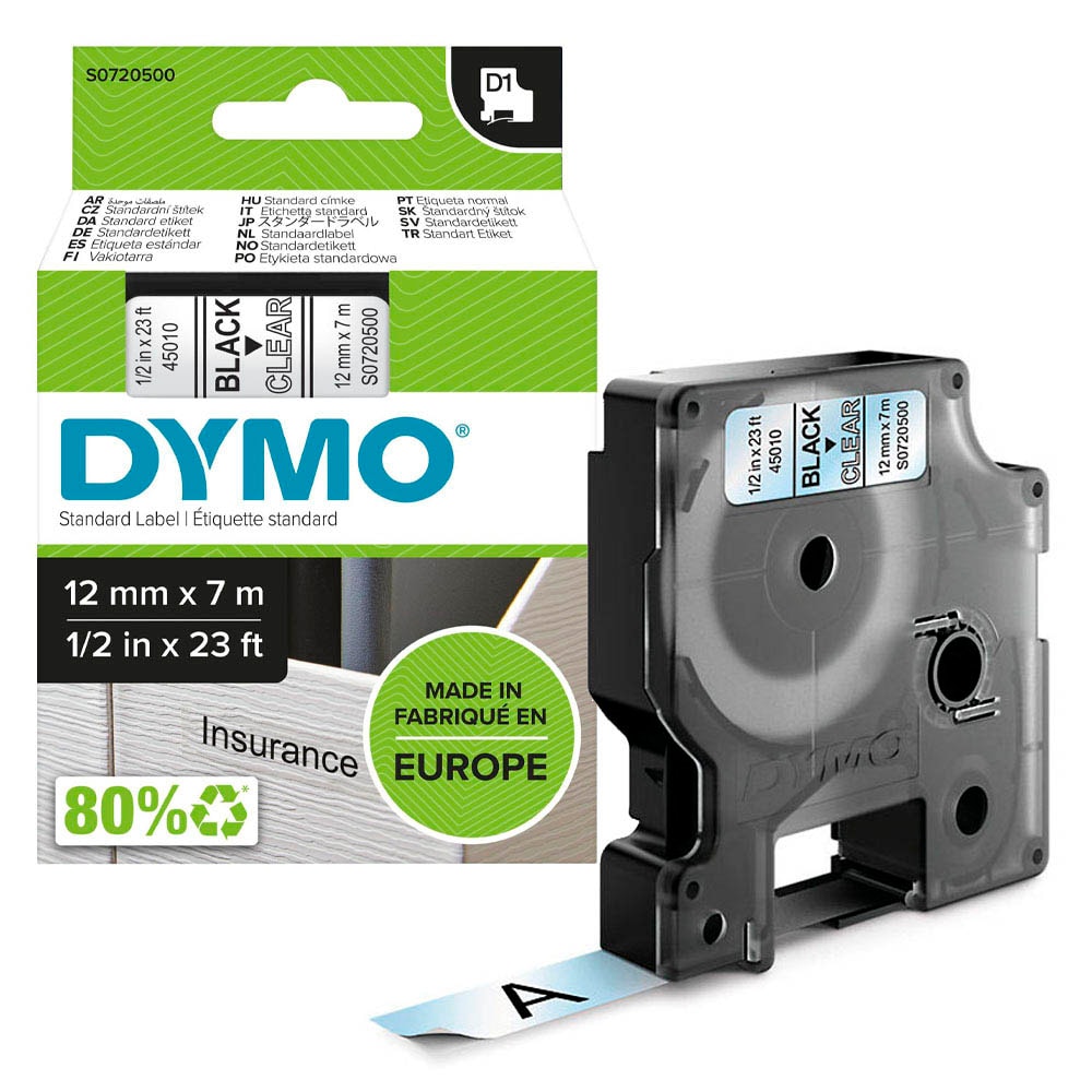 Dymo D1 Schriftband, Schwarz Auf Transparent, 12 Mm X 7 M