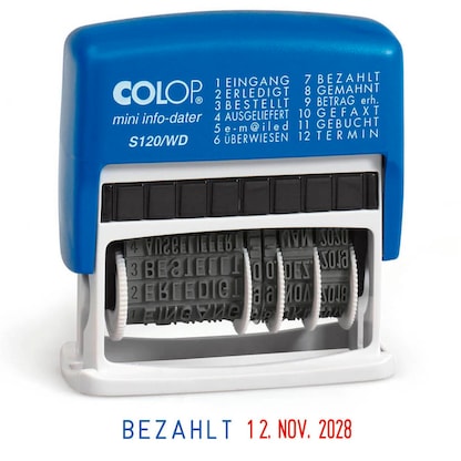Artikelbild für COLOP Datumstempel mit Text Mini-Info-Dater S120/WD selbstfärbend blau rot ohne Logo, 1 St., Artikelnummer 874127
