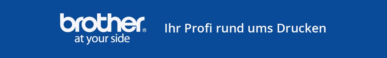 Brother Logo mit Slogan 'Ihr Profi rund ums Drucken' auf blauem Hintergrund