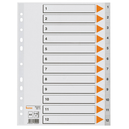 Artikelbild für bene Ordnerregister DIN A4 Vollformat 1-12 grau 12-teilig, 1 Satz, Artikelnummer 401901