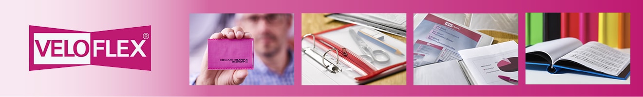 Veloflex Markenshop - Veloflex Logo und verschiedene Büroartikel wie Ordner, Stifte und Notizbücher auf einem rosa Hintergrund