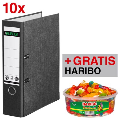 Artikelbild für AKTION: LEITZ 1080 Ordner schwarz marmoriert Karton 8,0 cm DIN A4, 10 St. + GRATIS HARIBO Phantasia 750 g, Artikelnummer 234319