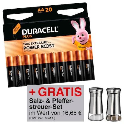Artikelbild für AKTION: DURACELL Batterien PLUS Alkali-Mangan Mignon AA 1,5 V, 20 St. + GRATIS Salz und Pfeffer Streuer, Artikelnummer 810368