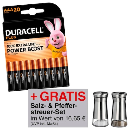 Artikelbild für AKTION: DURACELL Batterien PLUS Alkali-Mangan Micro AAA 1,5 V, 20 St. + GRATIS Salz und Pfeffer Streuer, Artikelnummer 810378