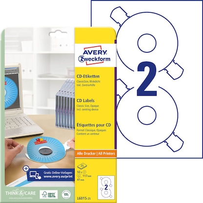 Artikelbild für AVERY Zweckform CD-Etiketten L6015-25 weiß, 50 Etiketten , Artikelnummer 345280