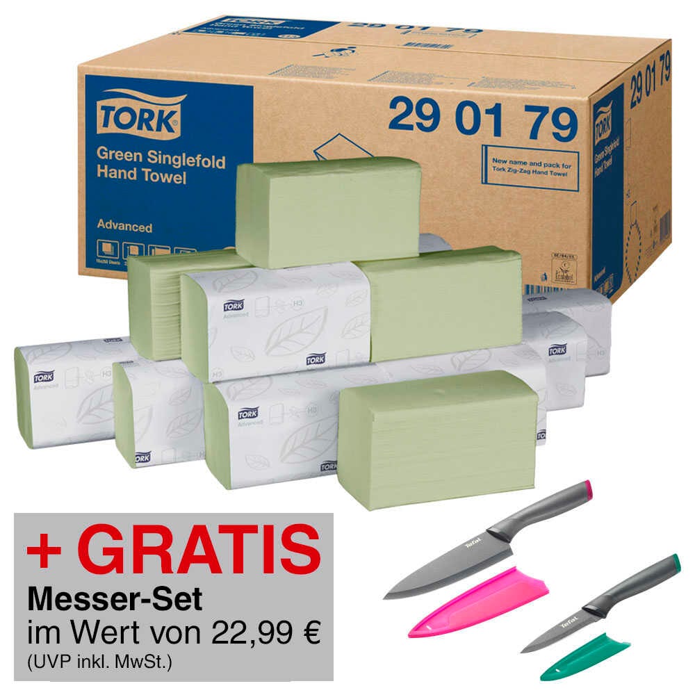 AKTION: TORK Papierhandtücher H3 Advanced Zick-Zack-Falzung 2-lagig grün, 2x 3.750 Tücher + GRATIS Tefal Fresh Kitchen Messer-Set 2-teilig