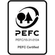 PEFC-Zertifizierungslogo in Schwarz-Weiß mit Bäumen, Zertifikatsnummer PEFC/15-31-0134 und Text 'PEFC Certified'.