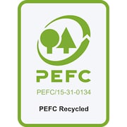 PEFC Recycled Logo in grün; Symbol mit zwei stilisierten Bäumen, Hinweis: Das Produkt stammt aus recycelten Quellen und Website-Link.