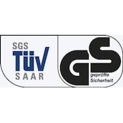 Prüfsiegel mit den Schriftzügen „SGS TÜV Saar“ und „GS geprüfte Sicherheit“ nebeneinander, steht für geprüfte Sicherheit von Produkten.