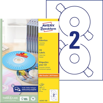 Artikelbild für AVERY Zweckform CD-Etiketten L6043-100 weiß, 200 Etiketten , Artikelnummer 345397