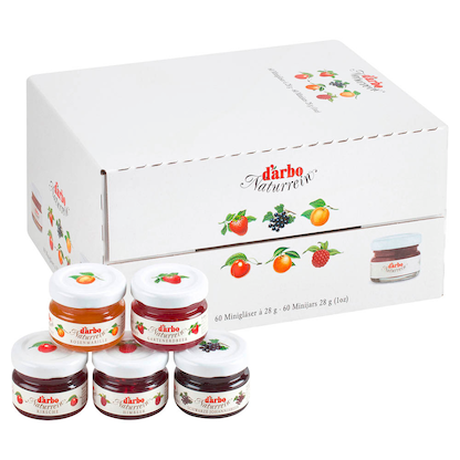 Artikelbild für d’arbo Naturrein Erdbeere, Aprikose, Himbeere, Kirsche, Schwarze Johannisbeere Konfitüre, 60 St., Artikelnummer 978254