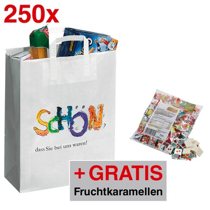 Artikelbild für AKTION: VP Papier-Tragetaschen Topcraft weiß 26,0 x 33,0 cm, 250 St. + GRATIS Böhme Fruchtkaramellen 250,0 g, Artikelnummer 743887