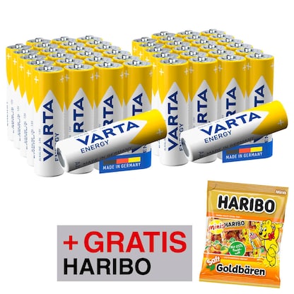 Artikelbild für AKTION: VARTA Batterien ENERGY Cube Alkali-Mangan Mignon AA 1,5 V, 48 St. + GRATIS HARIBO SAFT GOLDBÄREN Minibeutel Fruchtgummi, Artikelnummer 679318