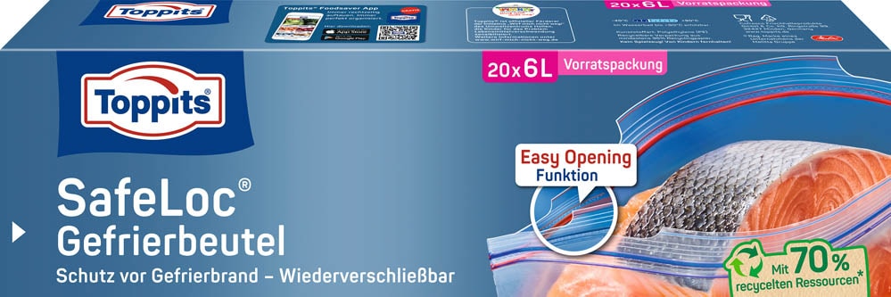 Toppits SafeLoc Gefrierbeutel 8 Liter, 6 Stück – Doppelverschluss, Standboden, Extra Reißfest Für Langanhaltende Frische