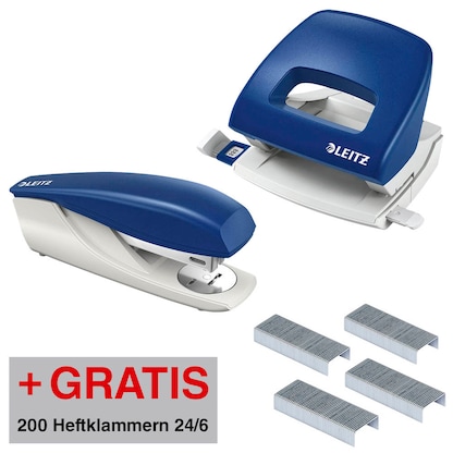 Artikelbild für AKTION: LEITZ Locher und Heftgeräte Set NeXXt 5038 und 5500 blau/grau + GRATIS 200 Heftklammern 24/6, Artikelnummer 368233