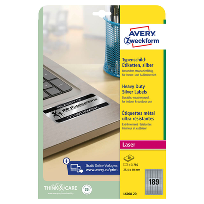 Artikelbild 2 für AVERY Zweckform Typenschildetiketten L6008-20 silber 25,4 x 10,0 mm, 20 Blatt, Artikelnummer 345538