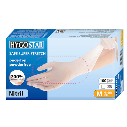 Artikelbild für HYGOSTAR unisex Einmalhandschuhe SAFE SUPER STRETCH weiß Größe M, 100 St., Artikelnummer 291075