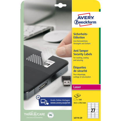 Artikelbild 2 für AVERY Zweckform Sicherheitsetiketten L6114-20 weiß 63,5 x 29,6 mm, 20 Blatt, Artikelnummer 843223