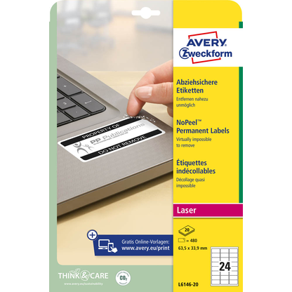 Artikelbild 2 für AVERY Zweckform abziehsichere Folienetiketten L6146-20 weiß 63,5 x 33,9 mm, 20 Blatt, Artikelnummer 896936