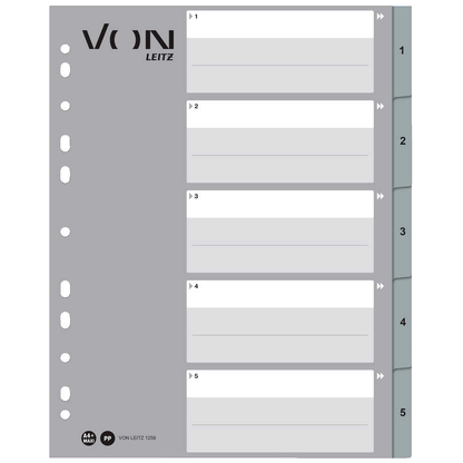 Artikelbild für VON LEITZ Register DIN A4 Überbreite 1-5 grau-weiß 5-teilig, 1 Satz, Artikelnummer 635827
