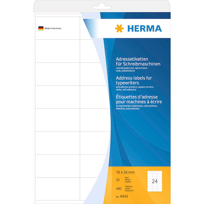 Artikelbild für HERMA Adressetiketten 4443 weiß 70,0 x 36,0 mm, 20 Blatt, Artikelnummer 147652