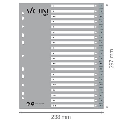 Artikelbild 2 für VON LEITZ Register DIN A4 Überbreite A-Z grau-weiß 20-teilig, 1 Satz, Artikelnummer 635837