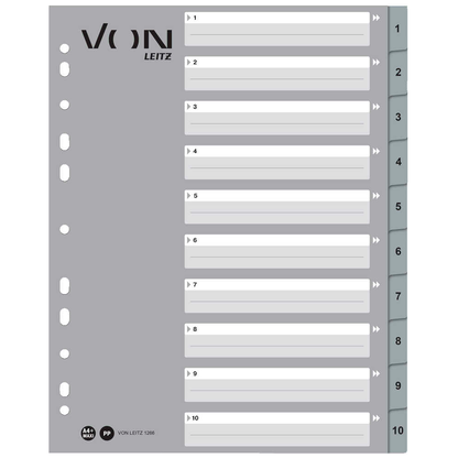 Artikelbild für VON LEITZ Register DIN A4 Überbreite 1-10 grau-weiß 10-teilig, 1 Satz, Artikelnummer 635799