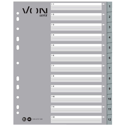 Artikelbild für VON LEITZ Register DIN A4 Überbreite 1-12 grau-weiß 12-teilig, 1 Satz, Artikelnummer 635819